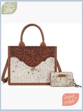 Western Tote Bag Hair On Cowhide Floral Tooled Handbag Hobo
